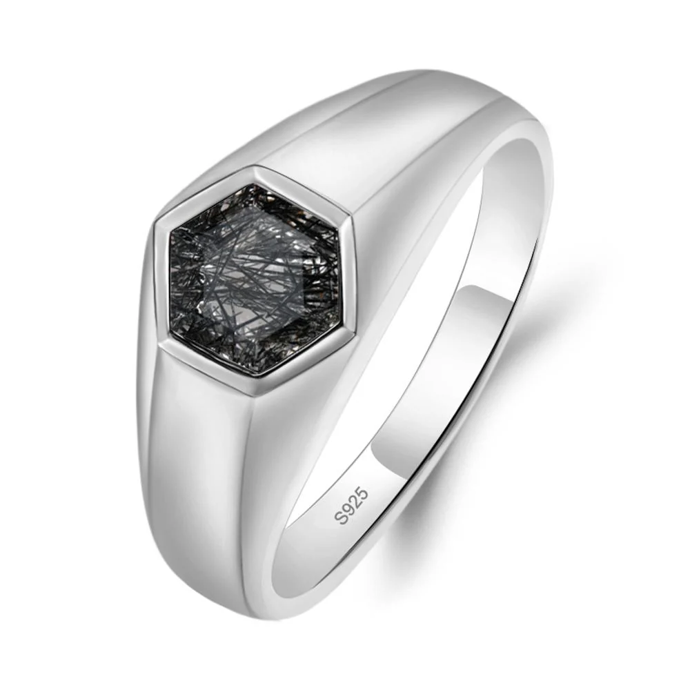 Hexagon Black Rutilated Quartz Bezel Men's Ring - Image 8