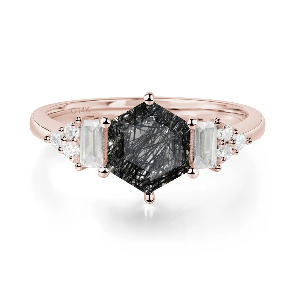 Hexagon Black Rutilated Quartz Ring with Baguette