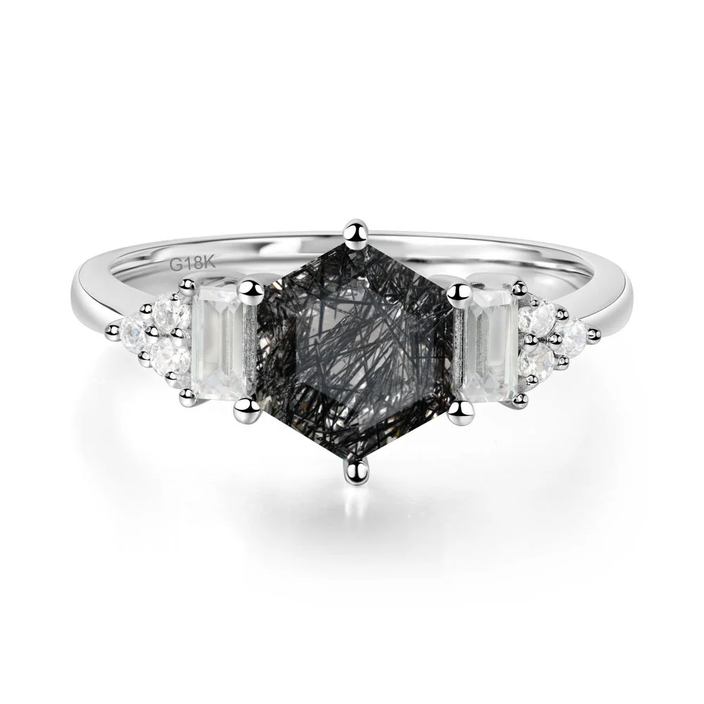 Hexagon Black Rutilated Quartz Ring with Baguette - Image 5