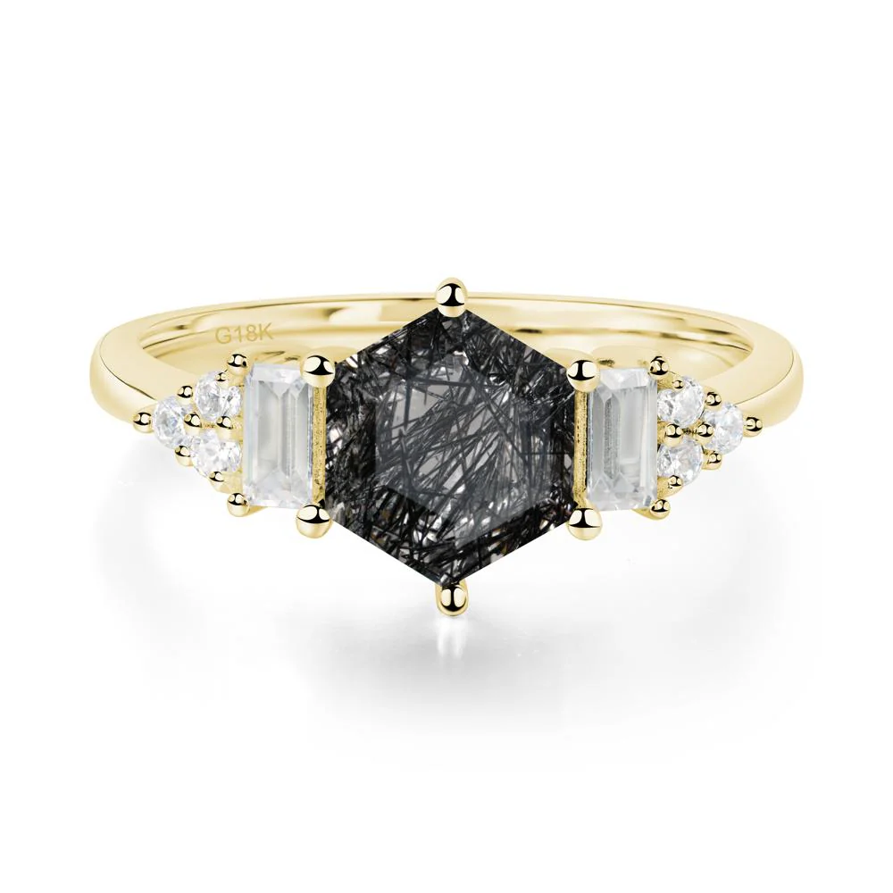 Hexagon Black Rutilated Quartz Ring with Baguette - Image 6