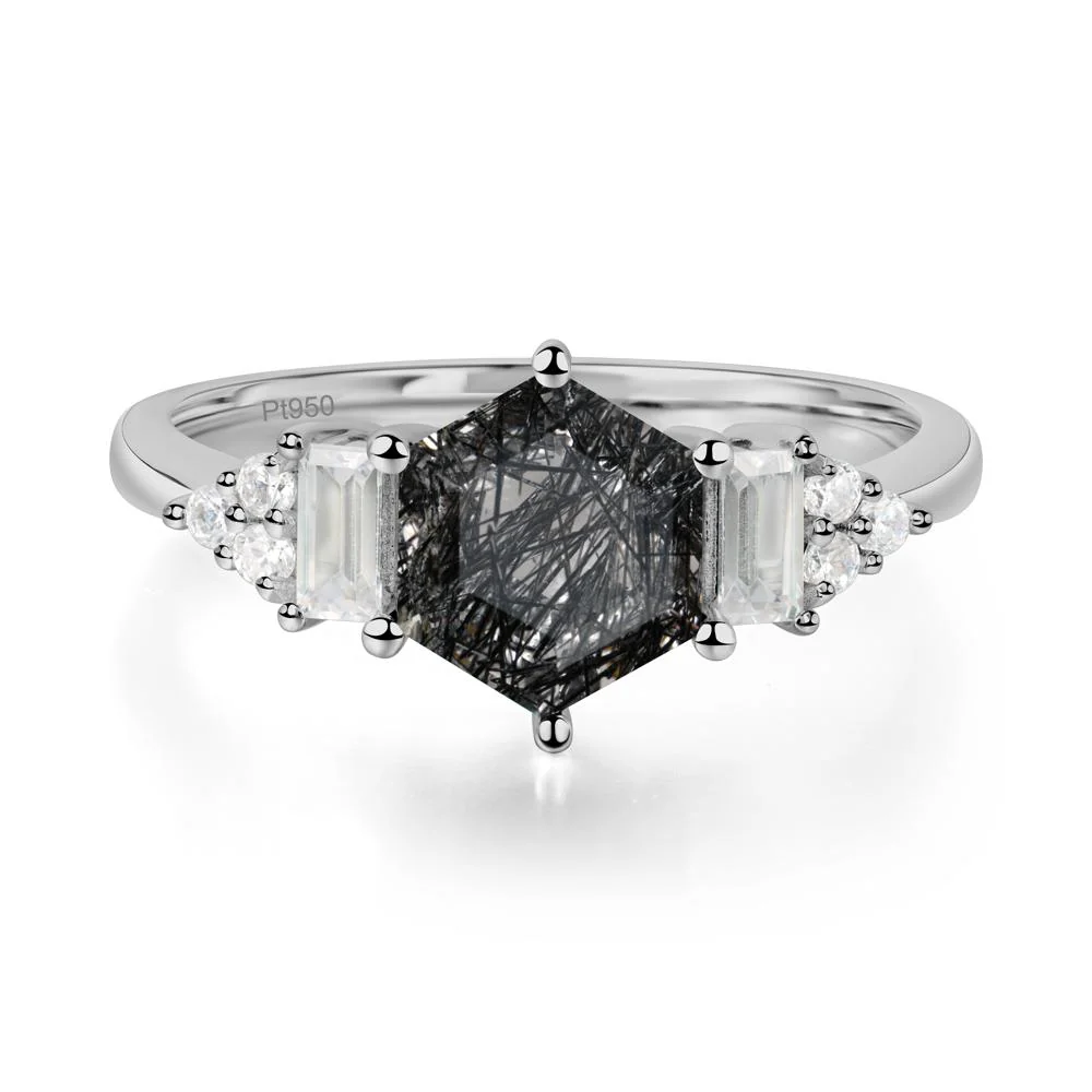 Hexagon Black Rutilated Quartz Ring with Baguette - Image 8