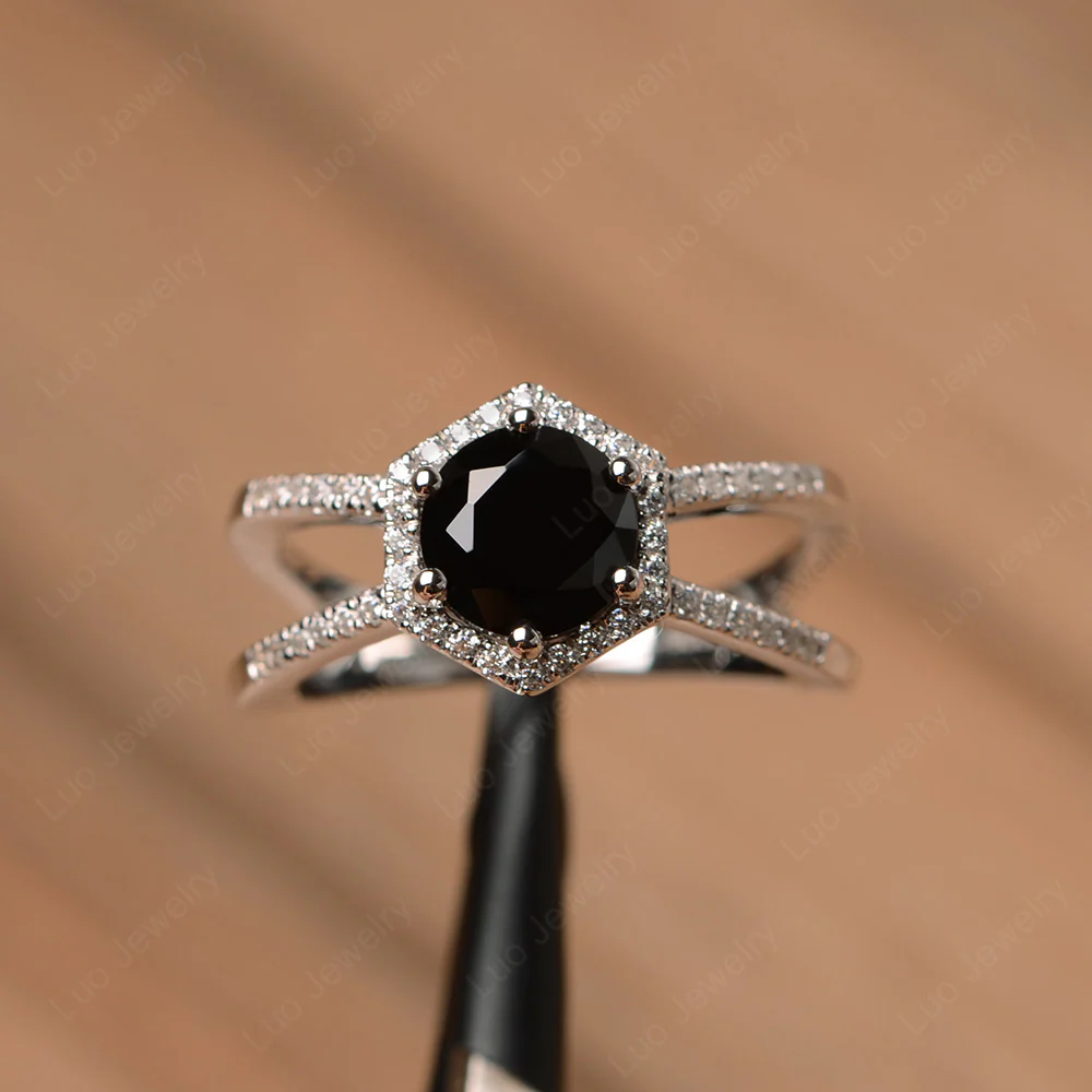 Black Spinel Halo Ring with Split Shank