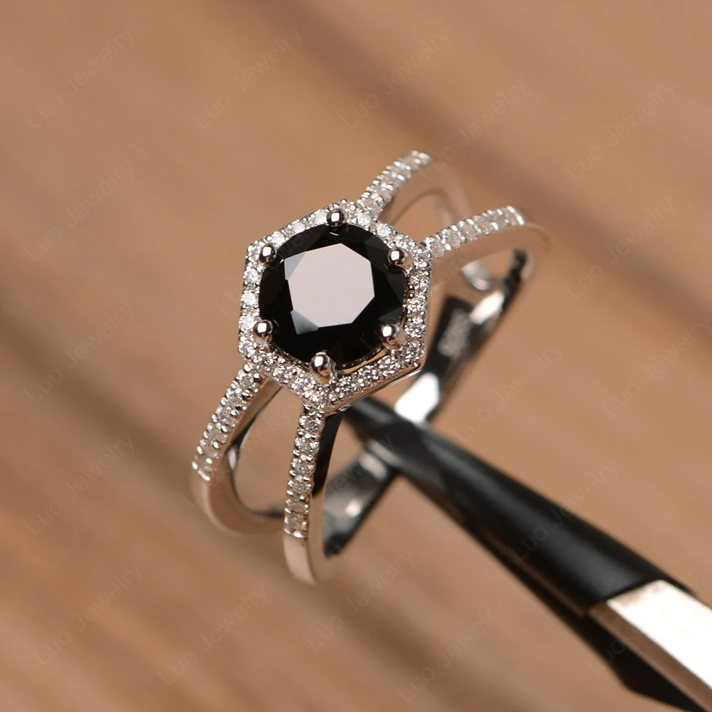 Black Spinel Halo Ring with Split Shank - Image 2