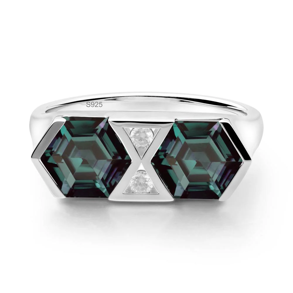 Hexagon Cut Alexandrite Two Stone Ring