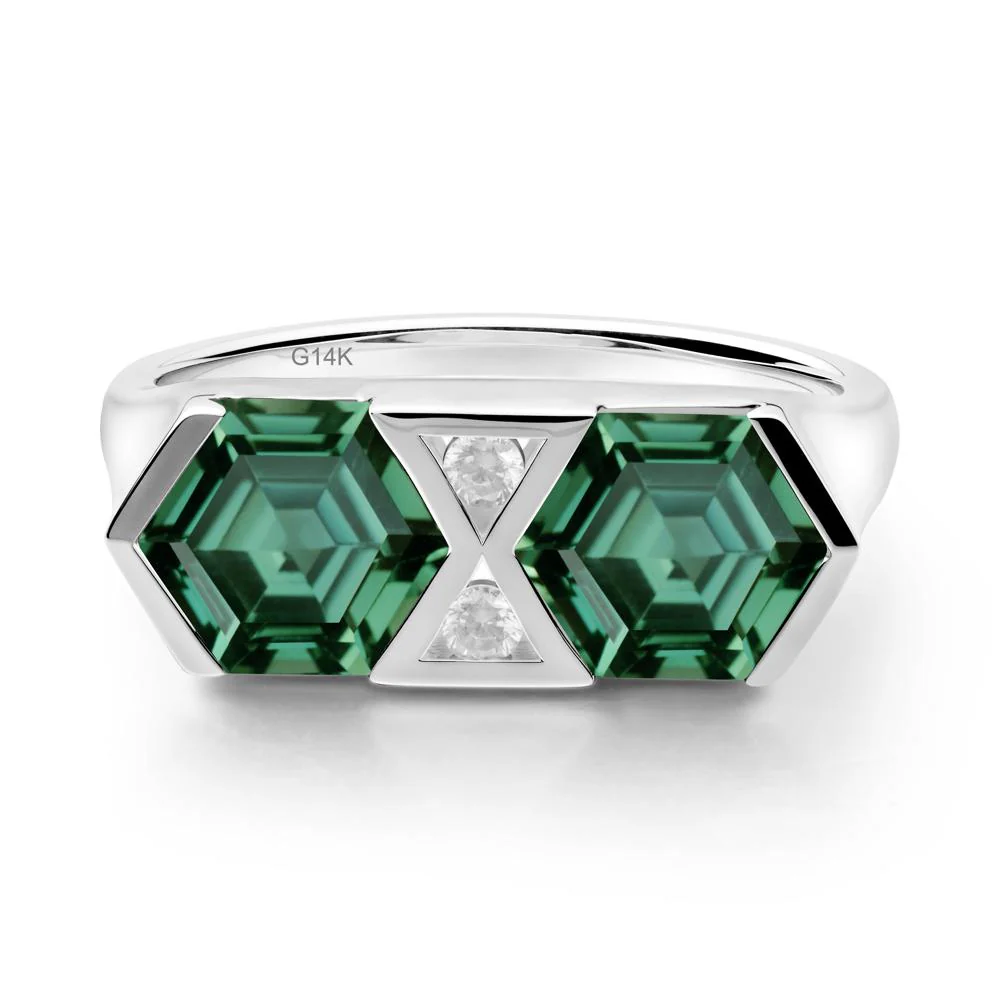 Hexagon Cut Green Sapphire Toi Et Moi Ring - Image 2