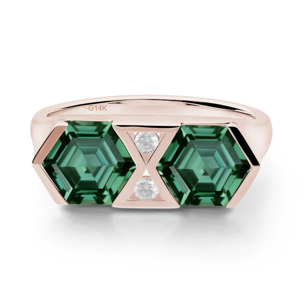 Hexagon Cut Green Sapphire Toi Et Moi Ring - Image 3