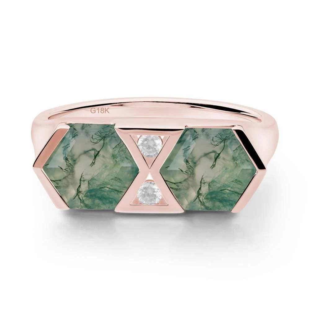 Hexagon Cut Moss Agate Toi Et Moi Ring - Image 4