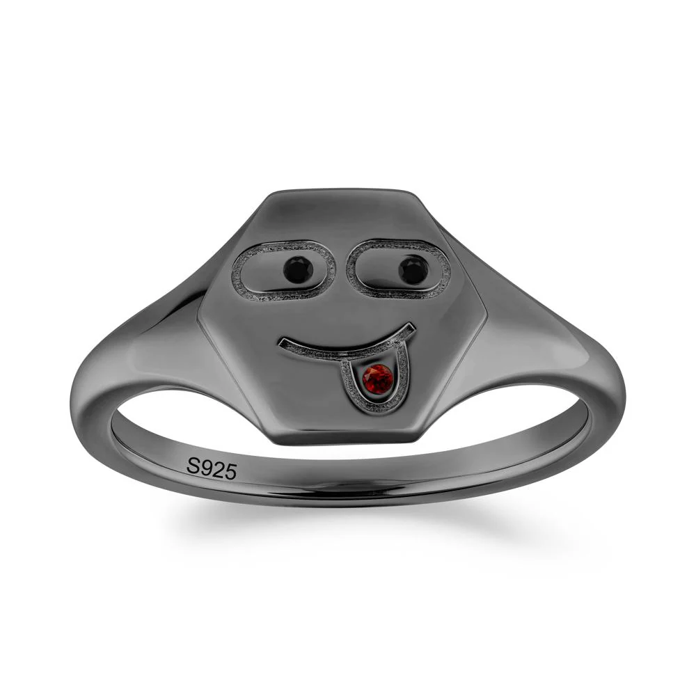 Hexagon Emoji Black Spinel and Garnet Signet Ring - Image 3