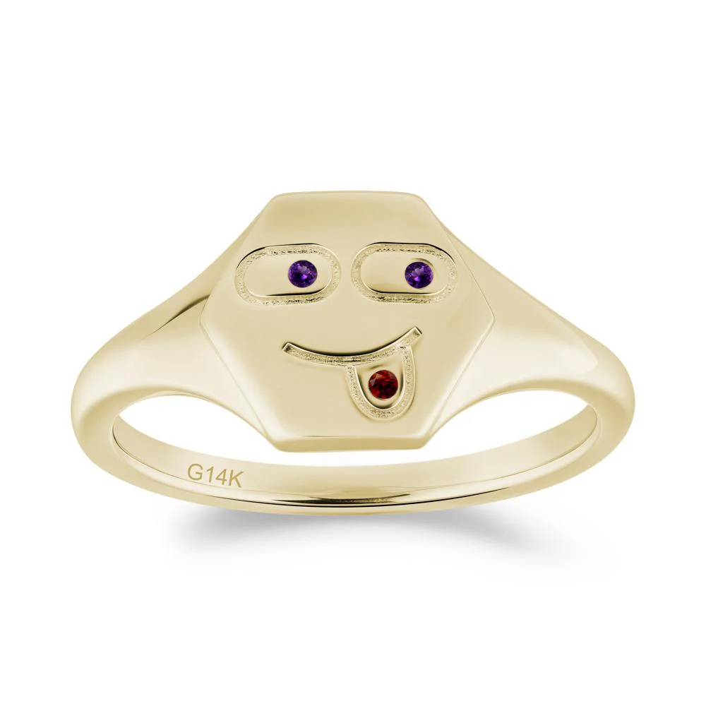 Hexagon Emoji Garnet and Amethyst Signet Ring - Image 2