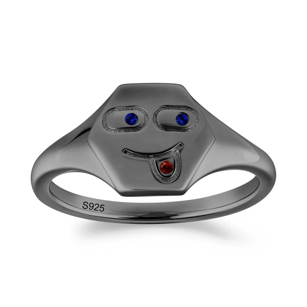 Hexagon Emoji Sapphire and Garnet Signet Ring - Image 6