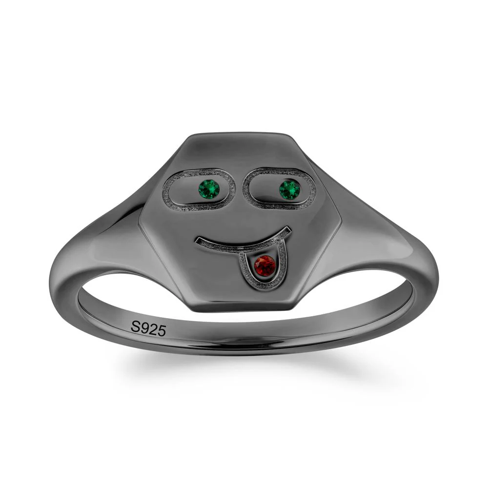 Hexagon Emoji Signet Emerald and Garnet Ring - Image 3