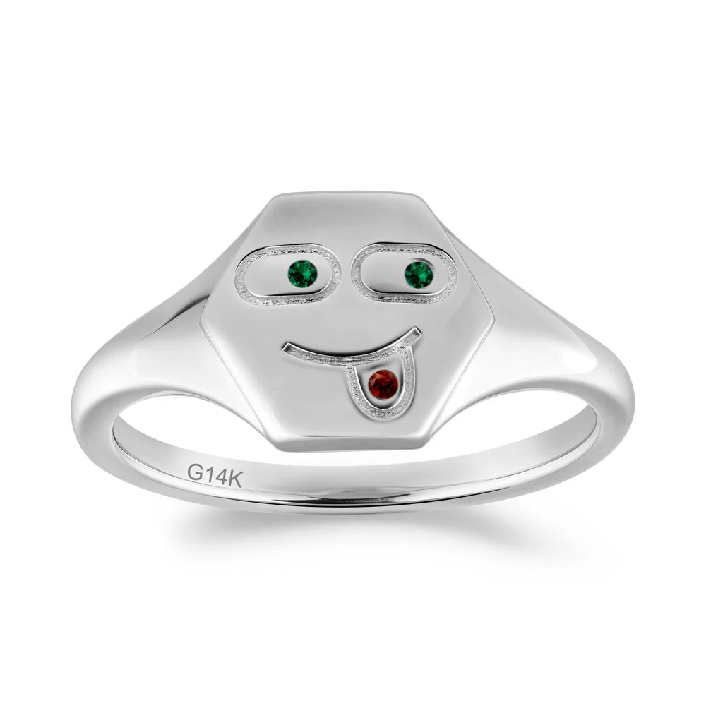 Hexagon Emoji Signet Emerald and Garnet Ring - Image 4