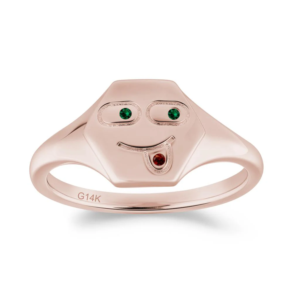 Hexagon Emoji Signet Emerald and Garnet Ring - Image 5
