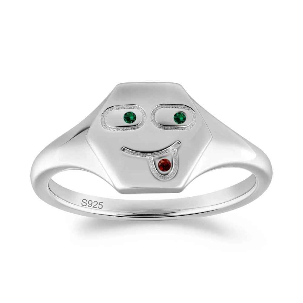 Hexagon Emoji Signet Emerald and Garnet Ring - Image 7