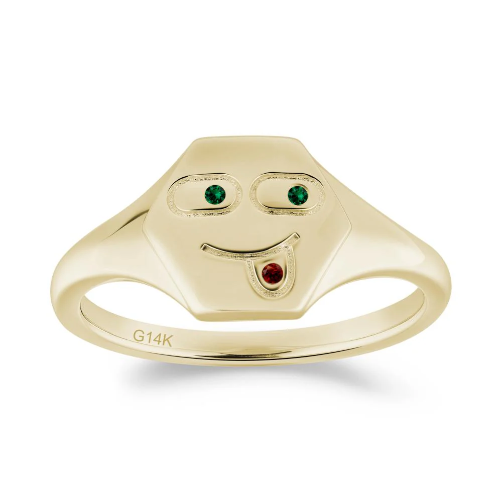 Hexagon Emoji Signet Emerald and Garnet Ring - Image 9