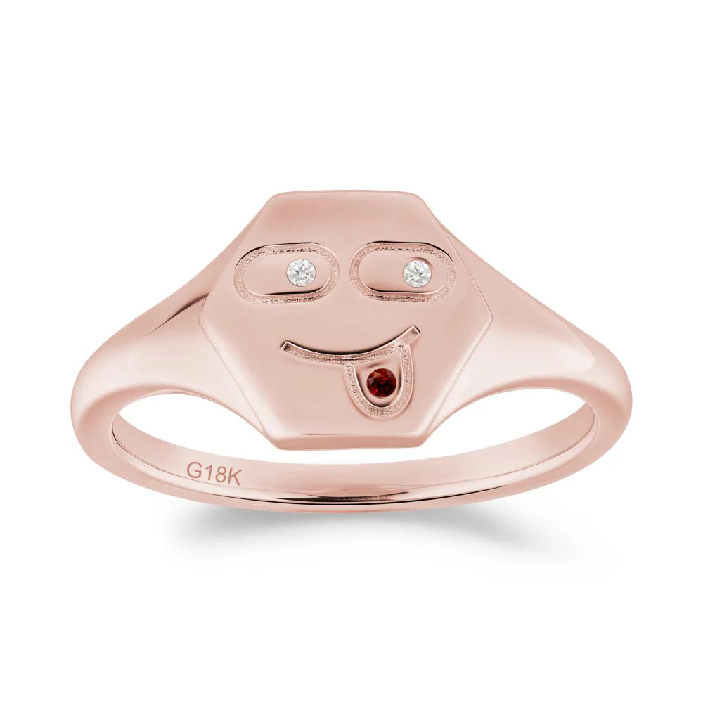 Hexagon Emoji Signet Moissanite and Garnet Ring - Image 2