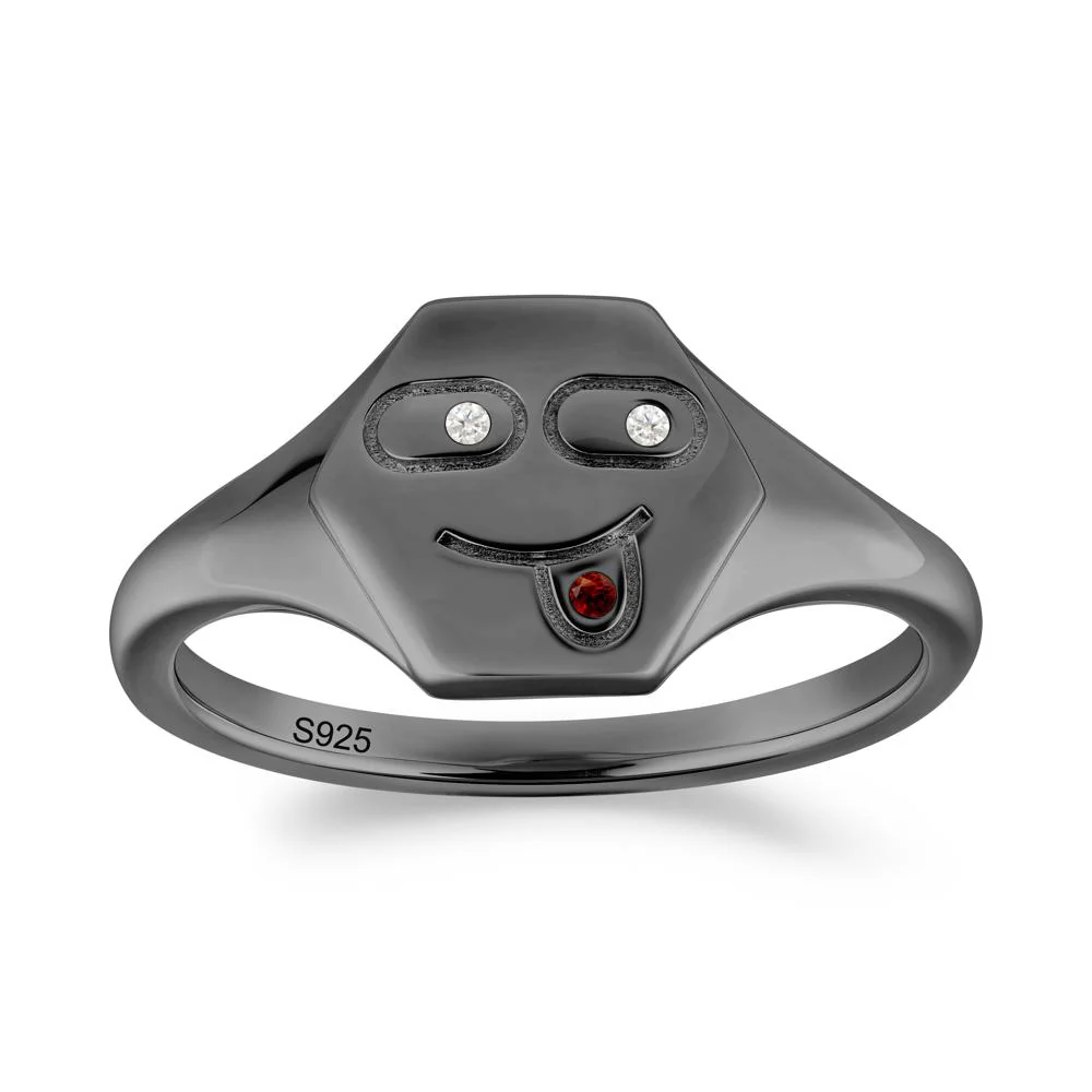 Hexagon Emoji Signet Moissanite and Garnet Ring - Image 6