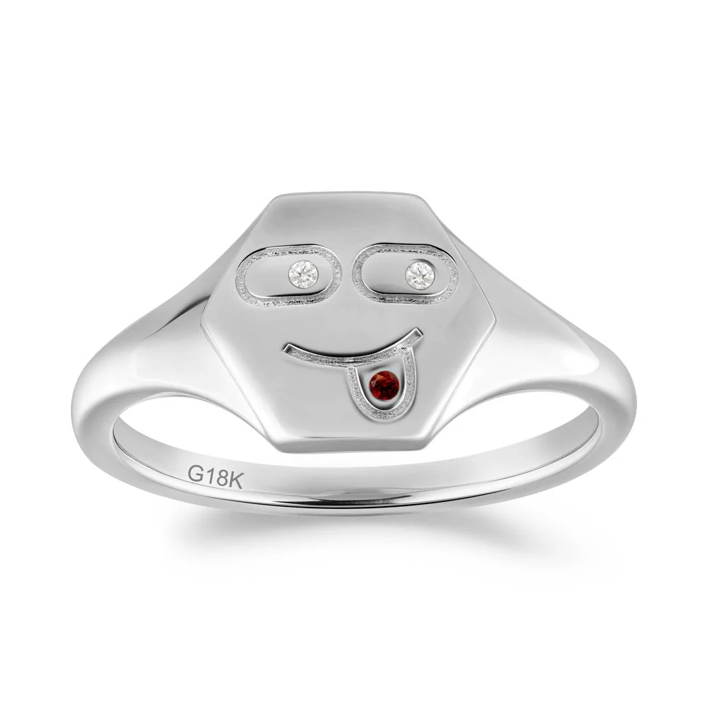 Hexagon Emoji Signet Moissanite and Garnet Ring - Image 8
