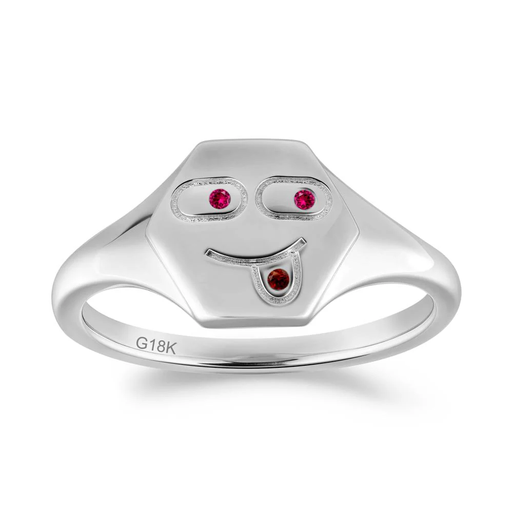 Hexagon Emoji Signet Ruby and Garnet Ring - Image 5