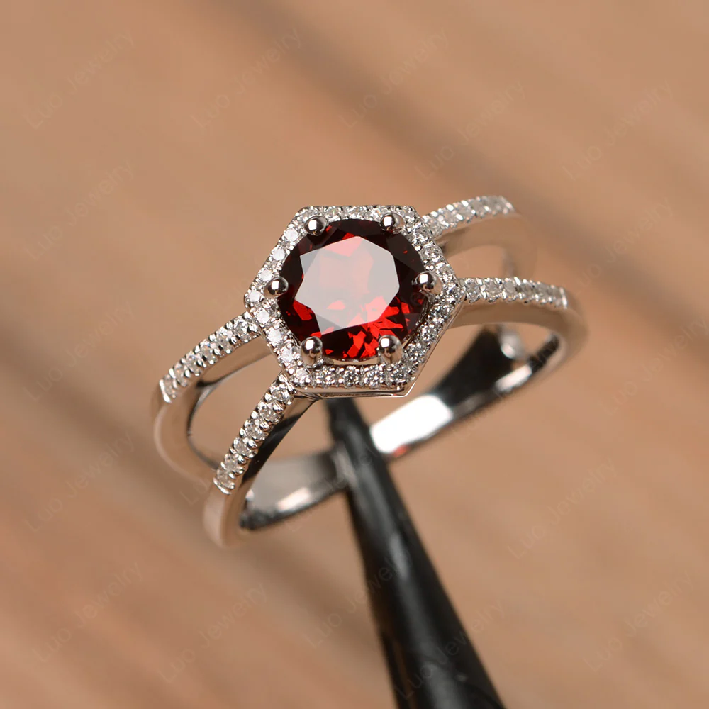 Garnet Halo Ring with Split Shank