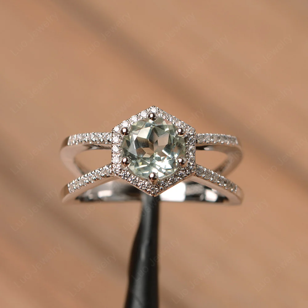 Green Amethyst Double Band Halo Ring