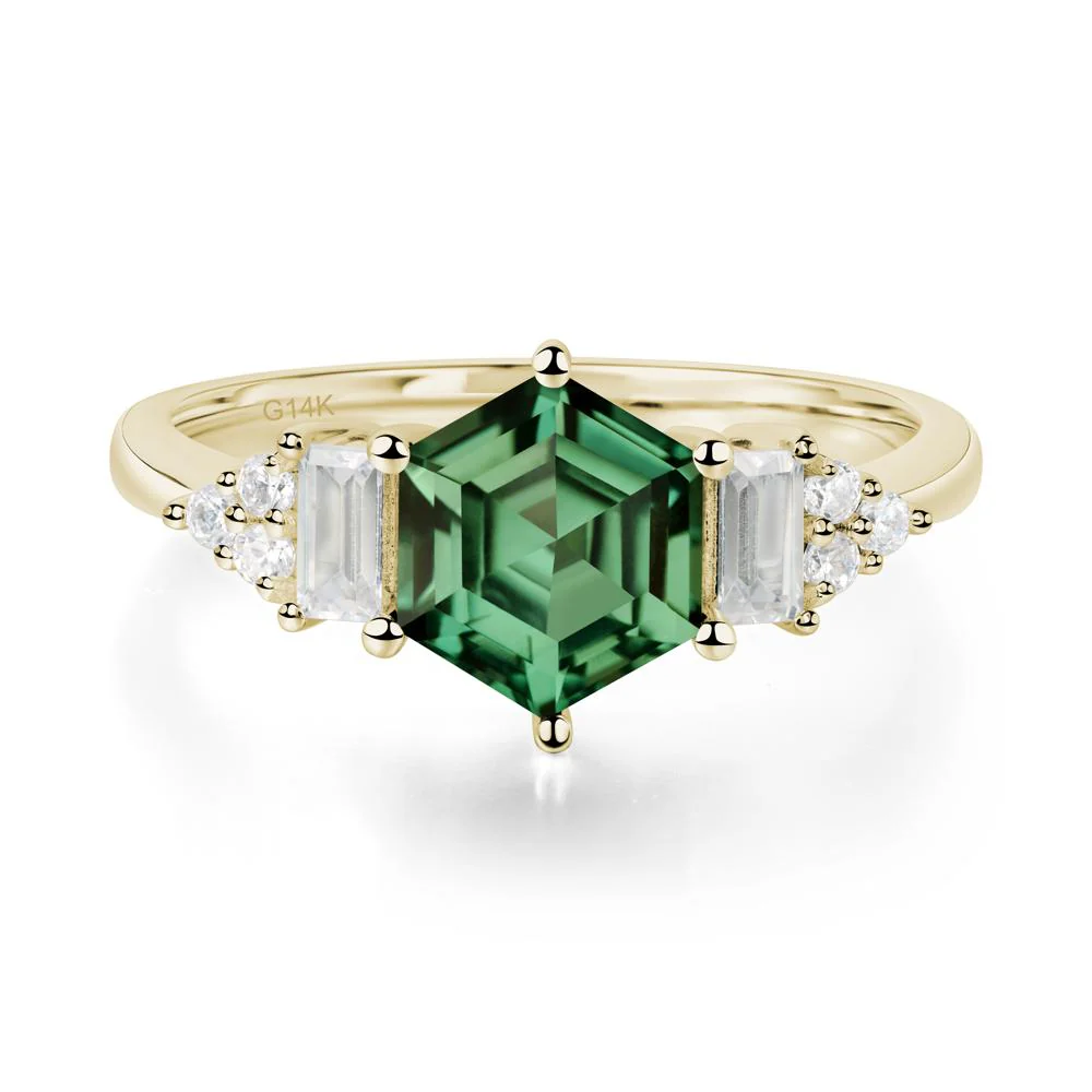 Hexagon Green Sapphire Ring with Baguette - Image 3