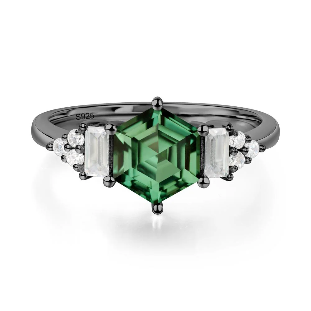 Hexagon Green Sapphire Ring with Baguette - Image 7