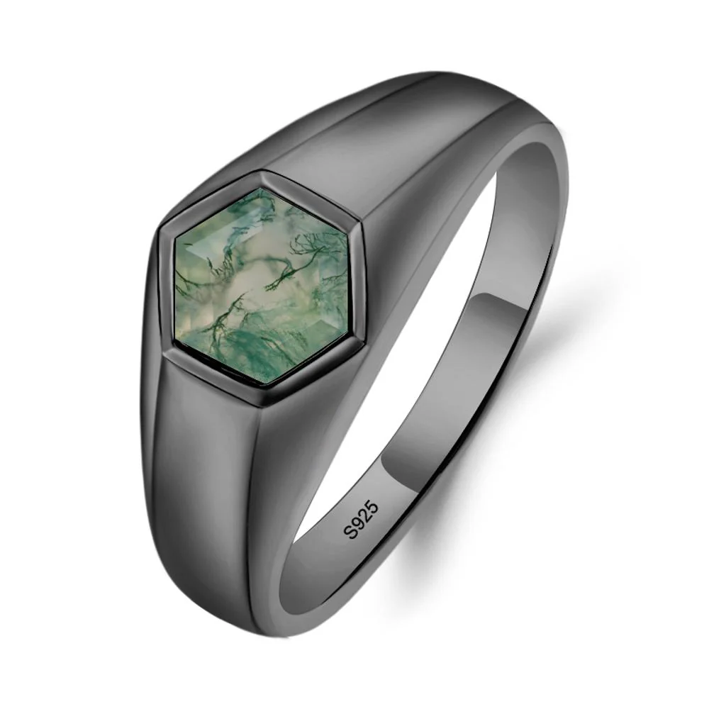 Hexagon Moss Agate Bezel Men's Ring - Image 3