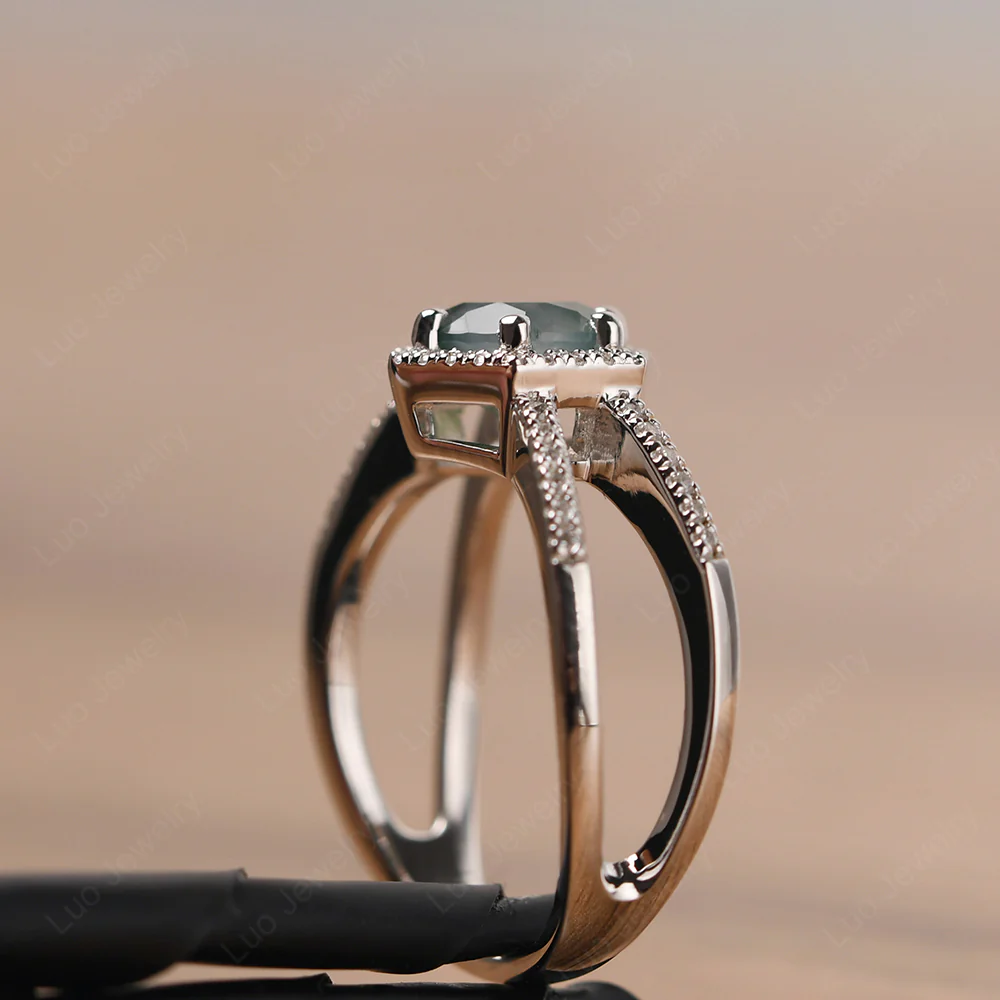 Moss Agate Halo Ring with Split Shank - Image 4