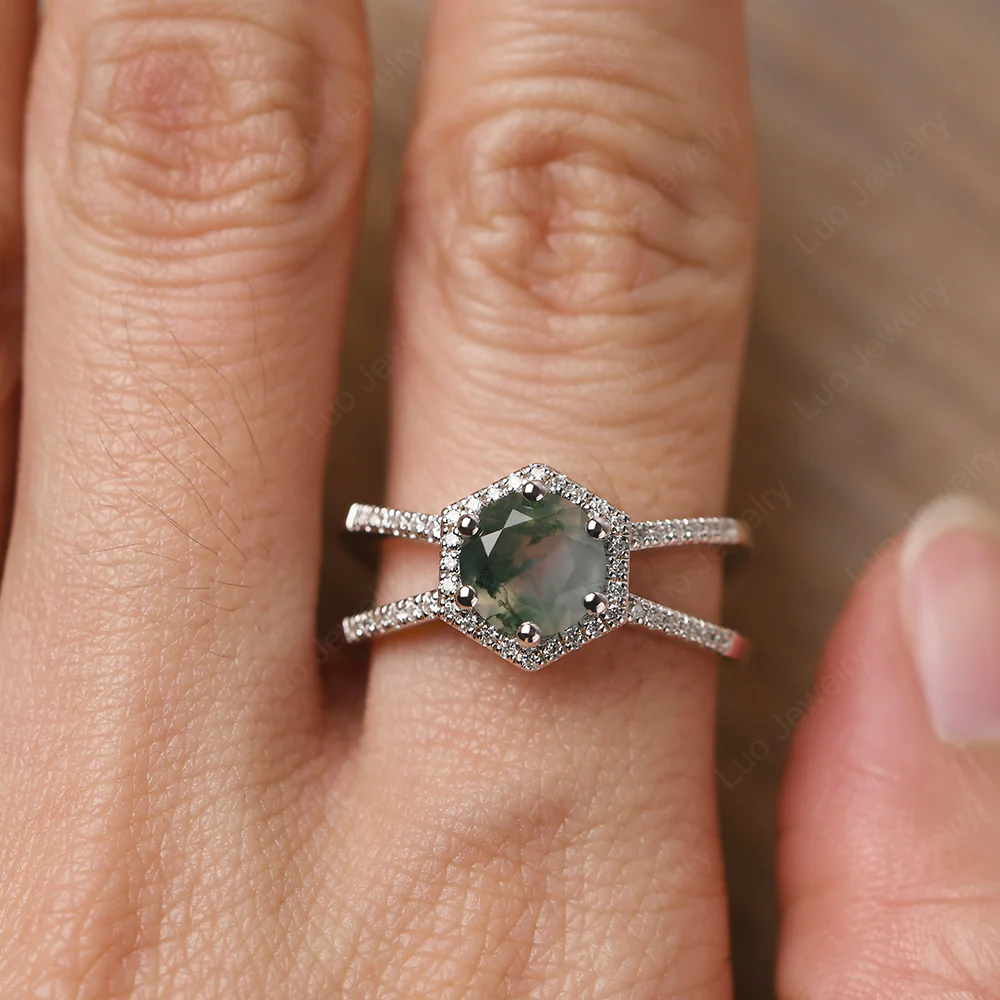 Moss Agate Halo Ring with Split Shank - Image 5