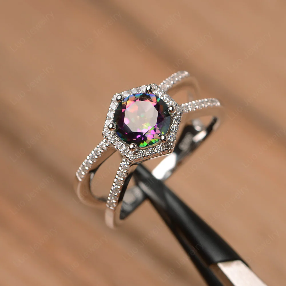 Mystic Topaz Halo Ring with Split Shank