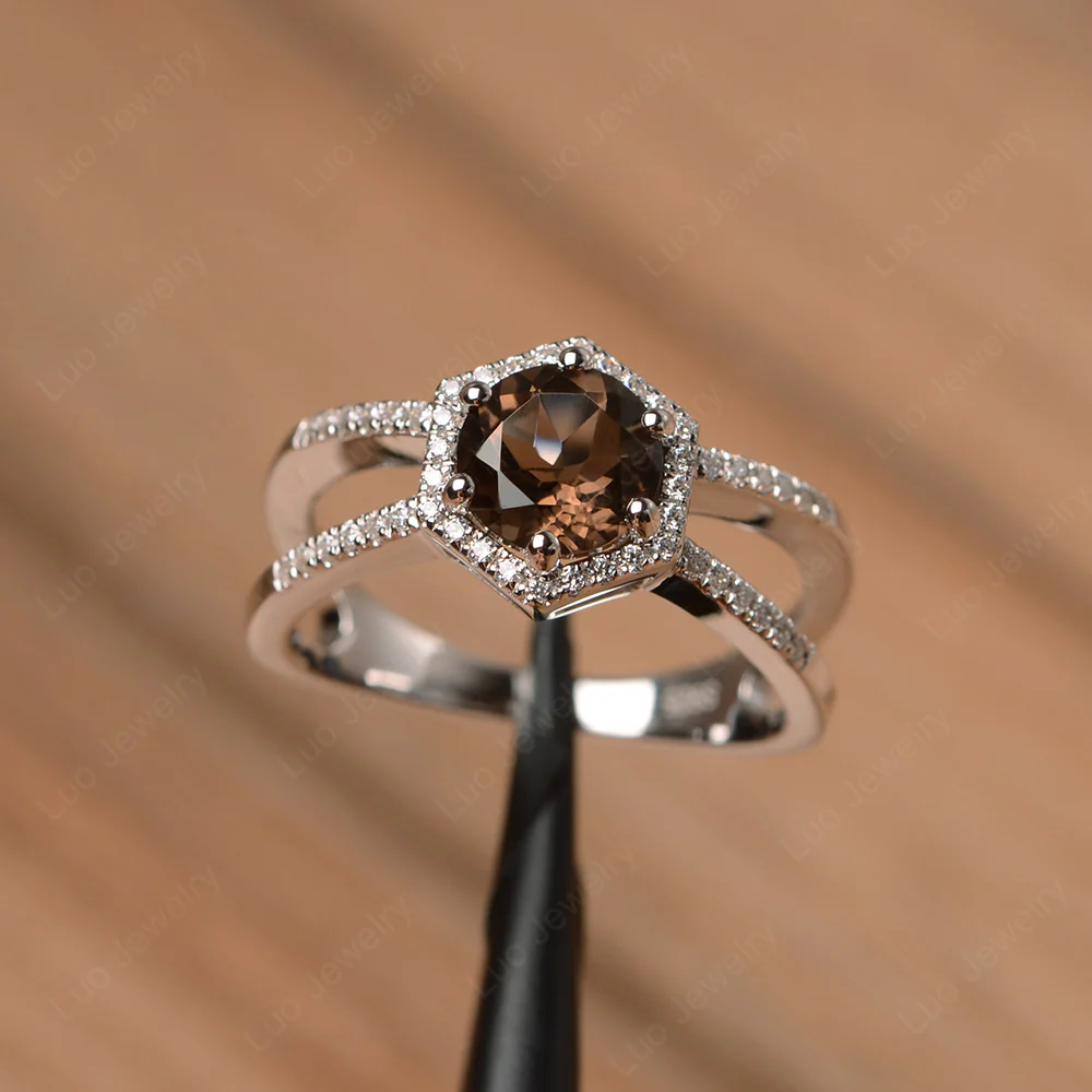 Smoky Quartz Halo Ring with Split Shank - Image 2
