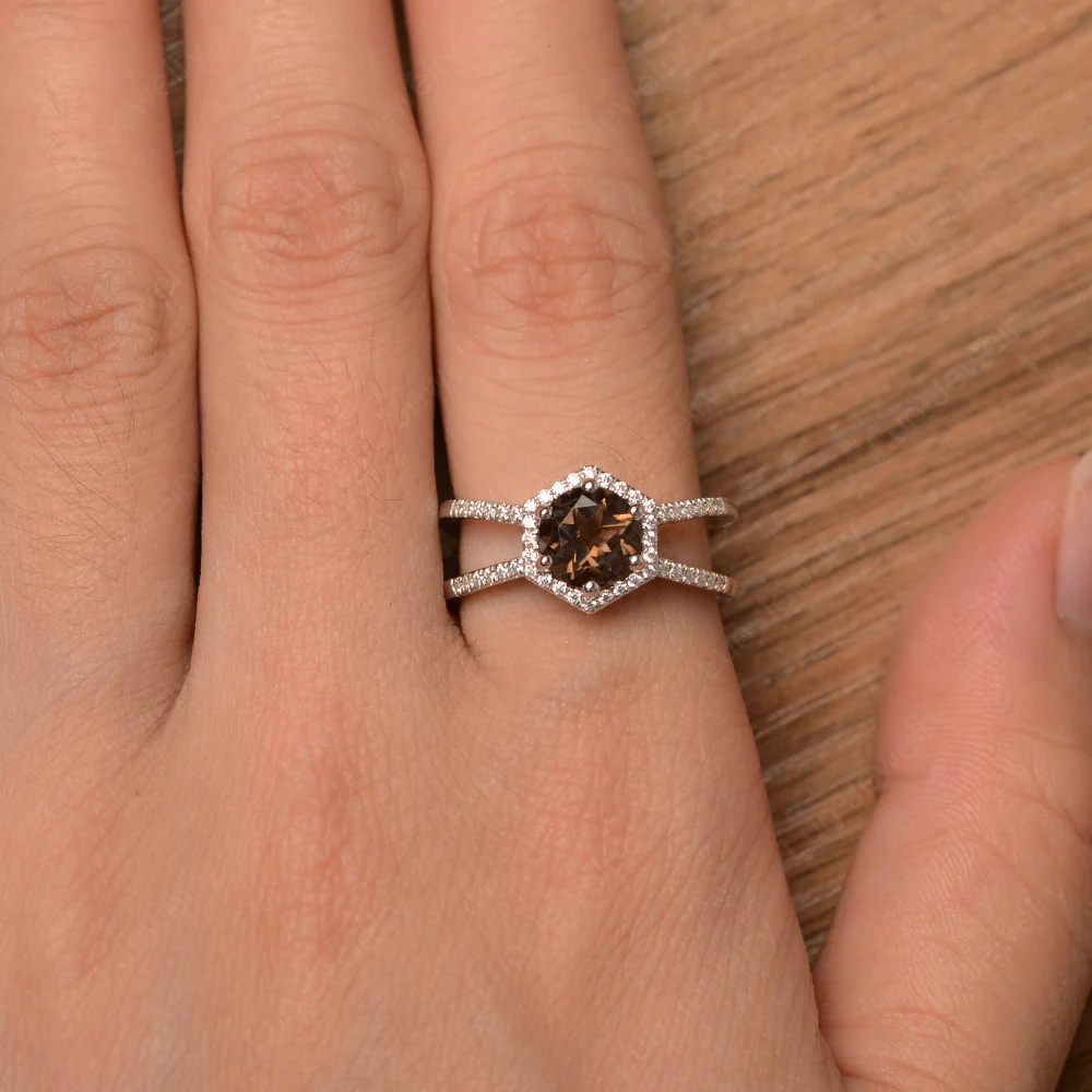 Smoky Quartz Halo Ring with Split Shank - Image 4