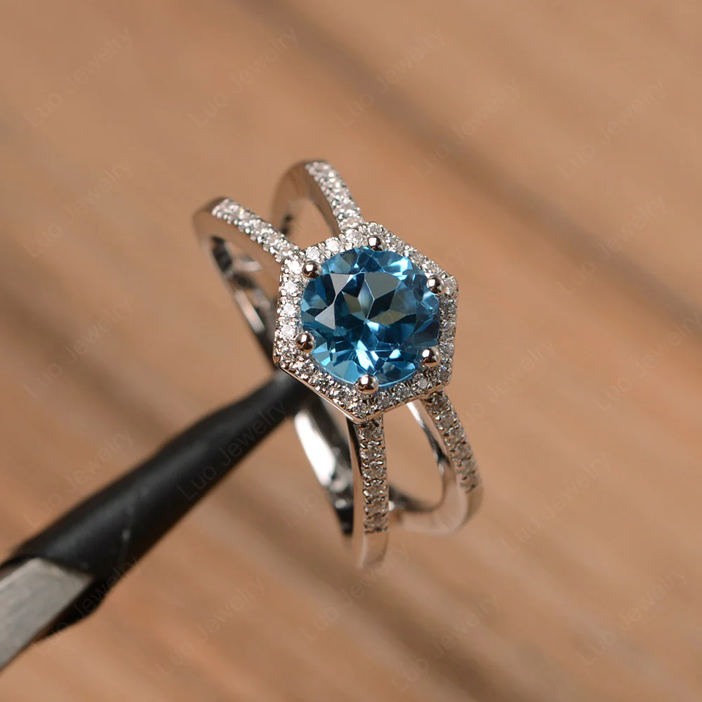 Swiss Blue Topaz Double Band Halo Ring