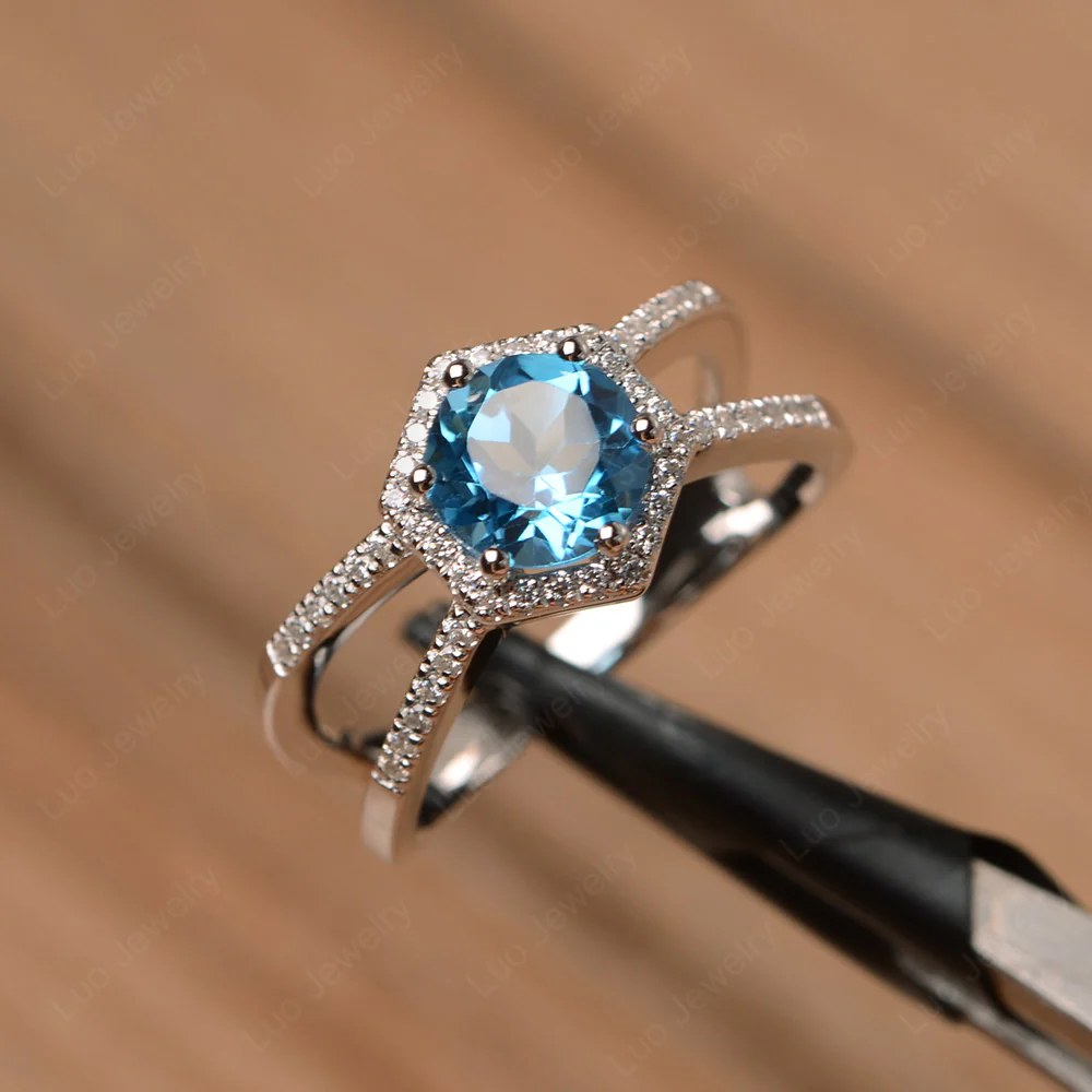 Swiss Blue Topaz Double Band Halo Ring - Image 2