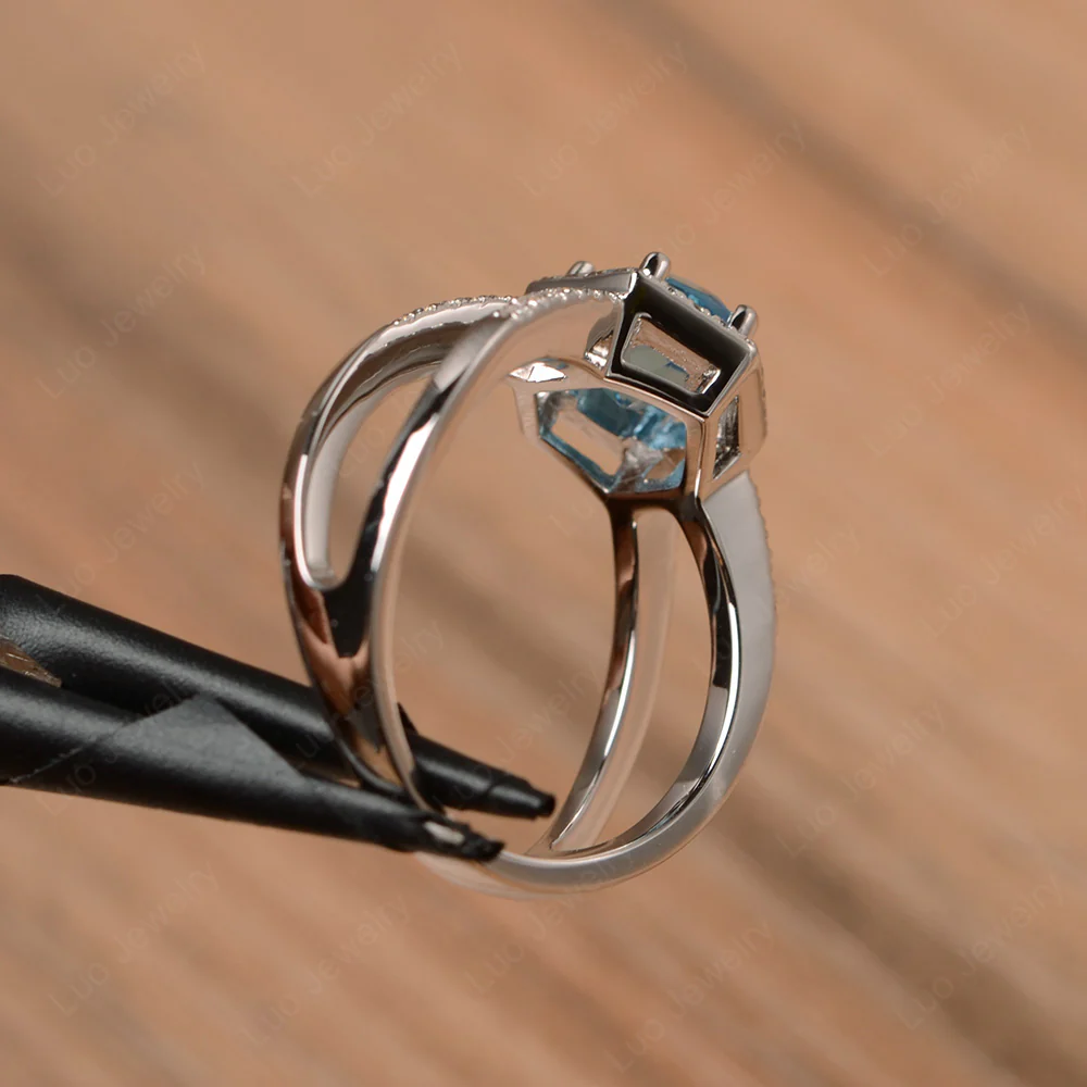 Swiss Blue Topaz Double Band Halo Ring - Image 3
