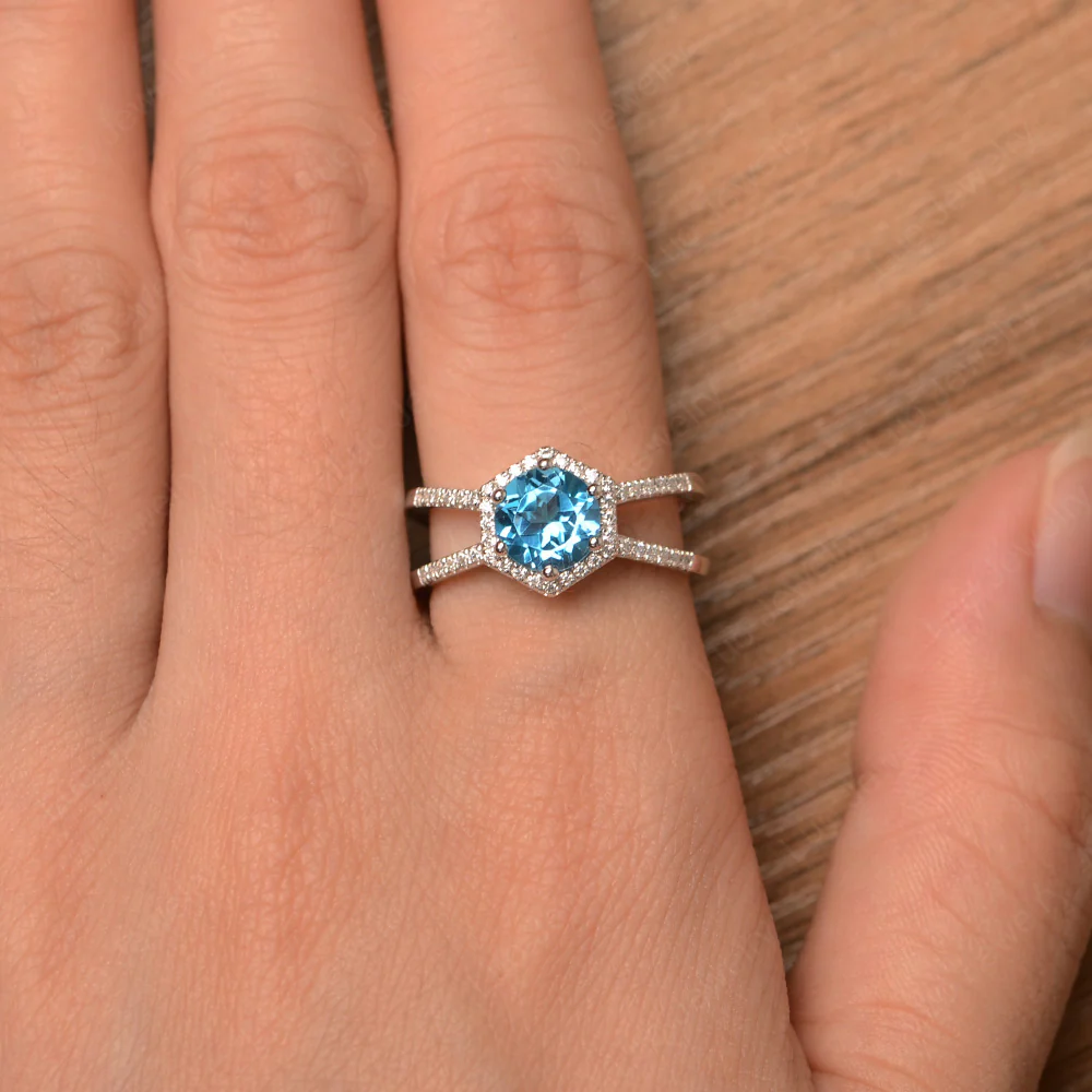 Swiss Blue Topaz Double Band Halo Ring - Image 4