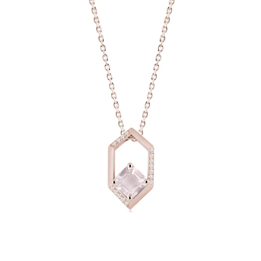 Hexagonal Frame Asscher Rose Quartz Necklace - Image 4