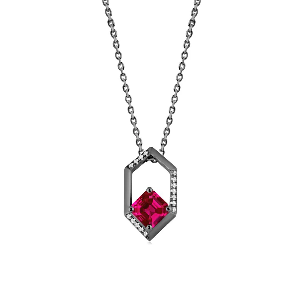 Hexagonal Frame Asscher Ruby Necklace