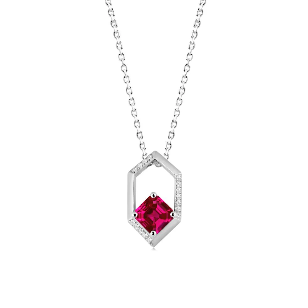 Hexagonal Frame Asscher Ruby Necklace - Image 3