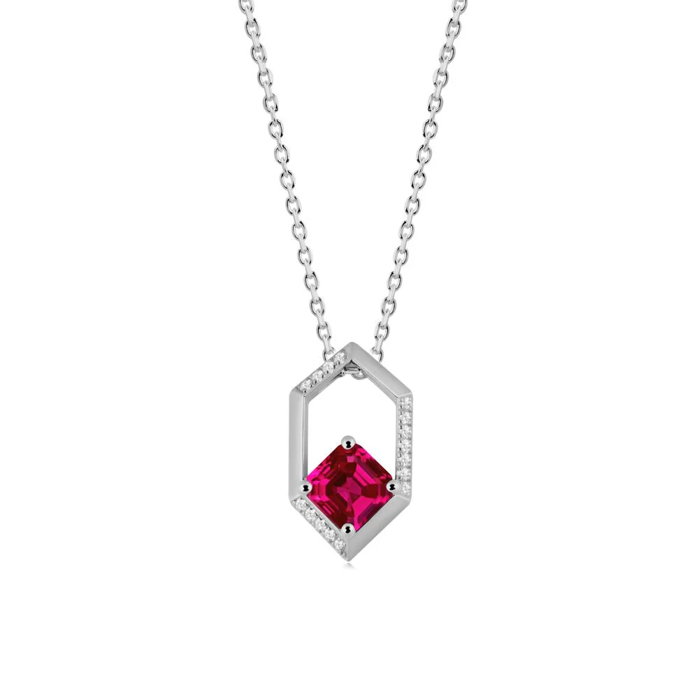 Hexagonal Frame Asscher Ruby Necklace - Image 7
