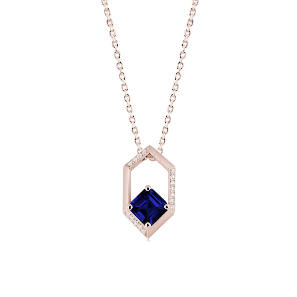 Hexagonal Frame Asscher Sapphire Necklace - Image 4