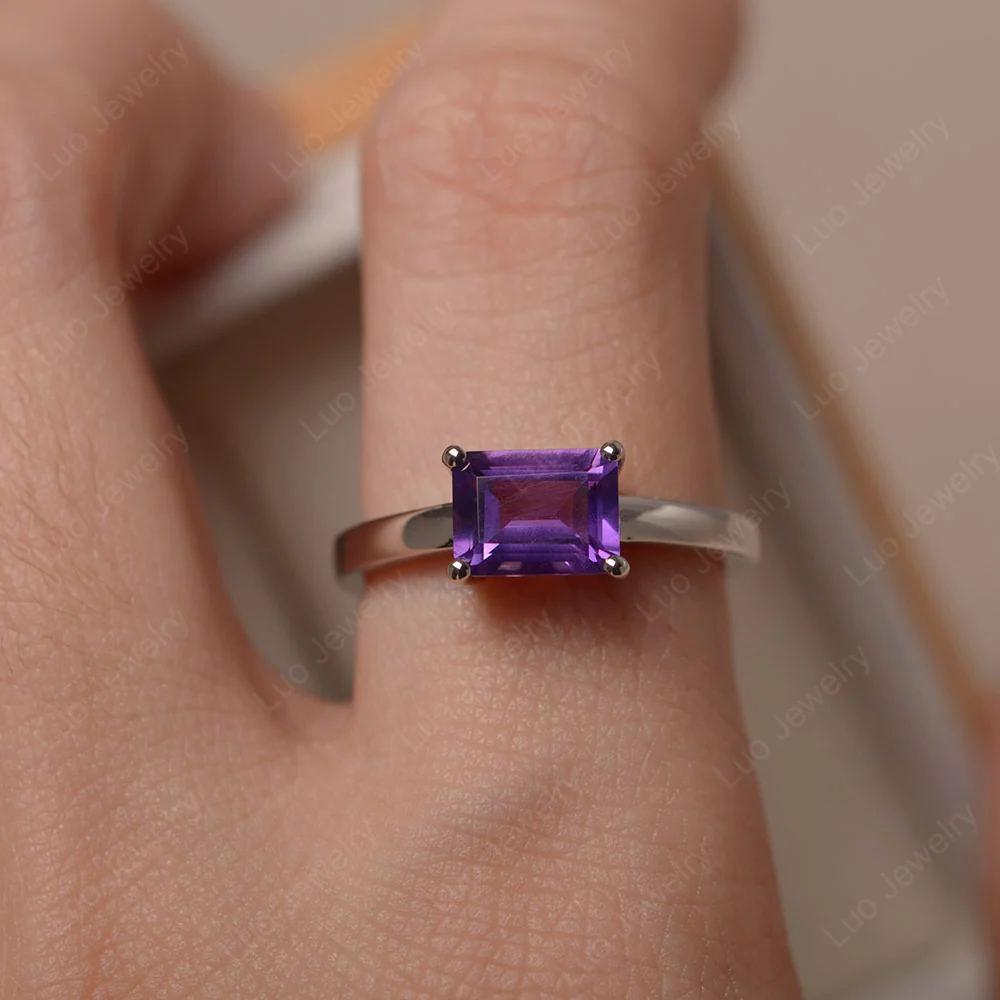 Horizontal Emerald Cut Amethyst Solitaire Ring - Image 5