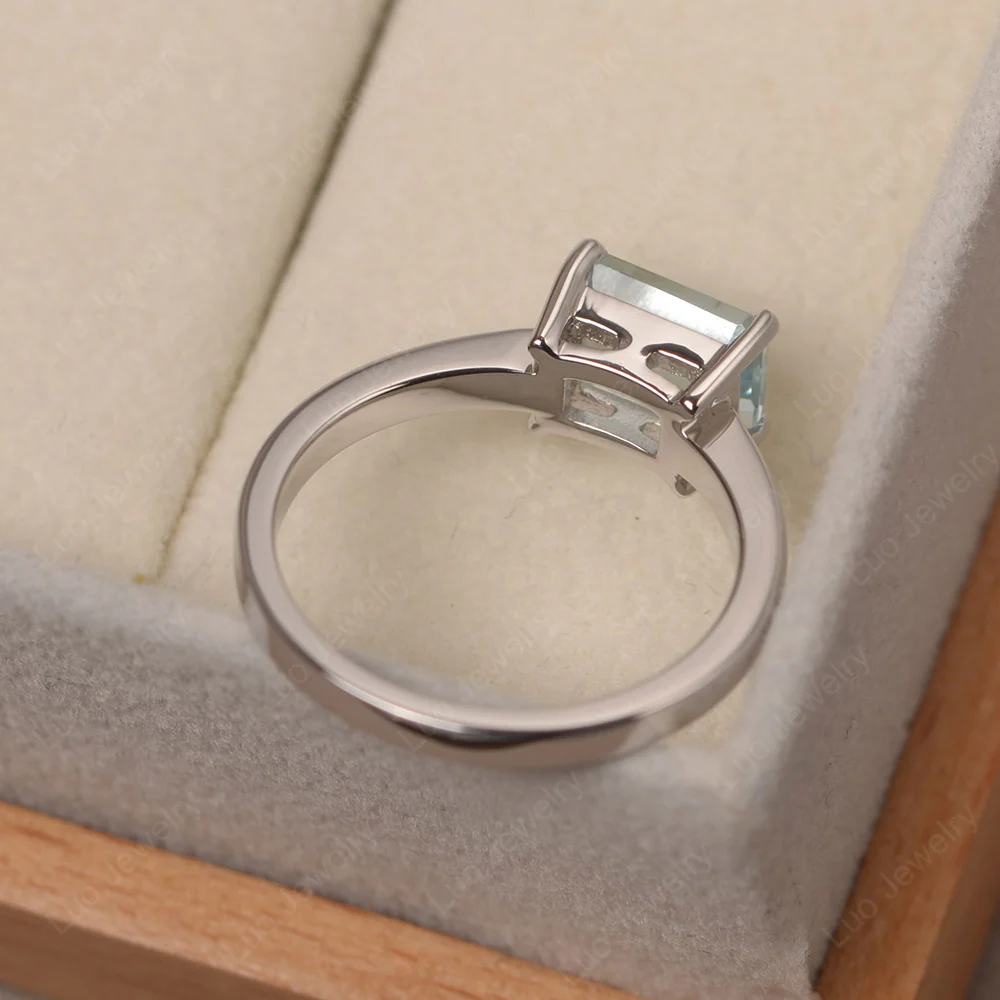 Horizontal Emerald Cut Aquamarine Solitaire Ring - Image 3