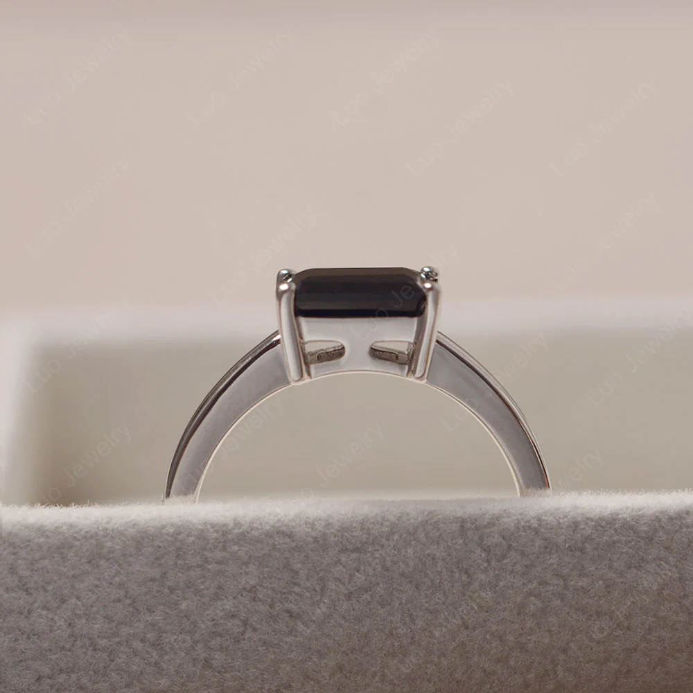 Horizontal Emerald Cut Black Spinel Solitaire Ring - Image 3