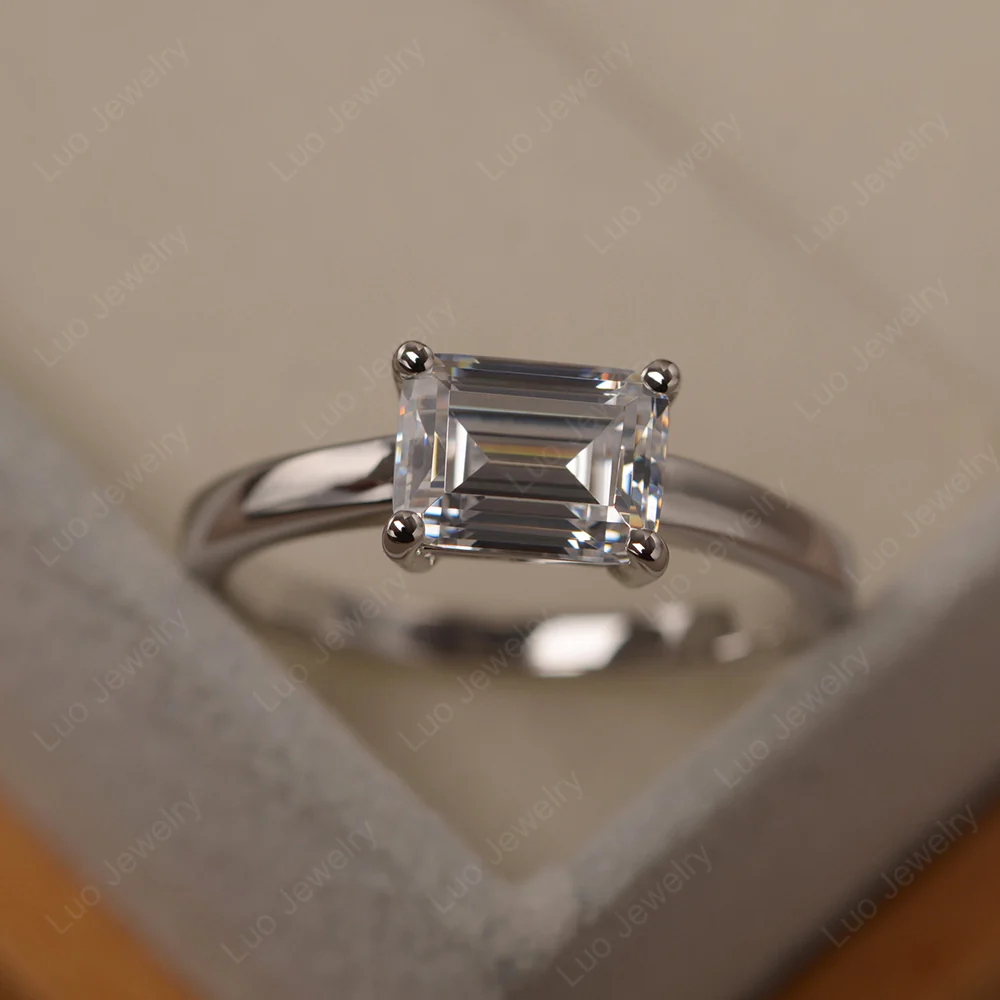 Horizontal Emerald Cut Cubic Zirconia Solitaire Ring