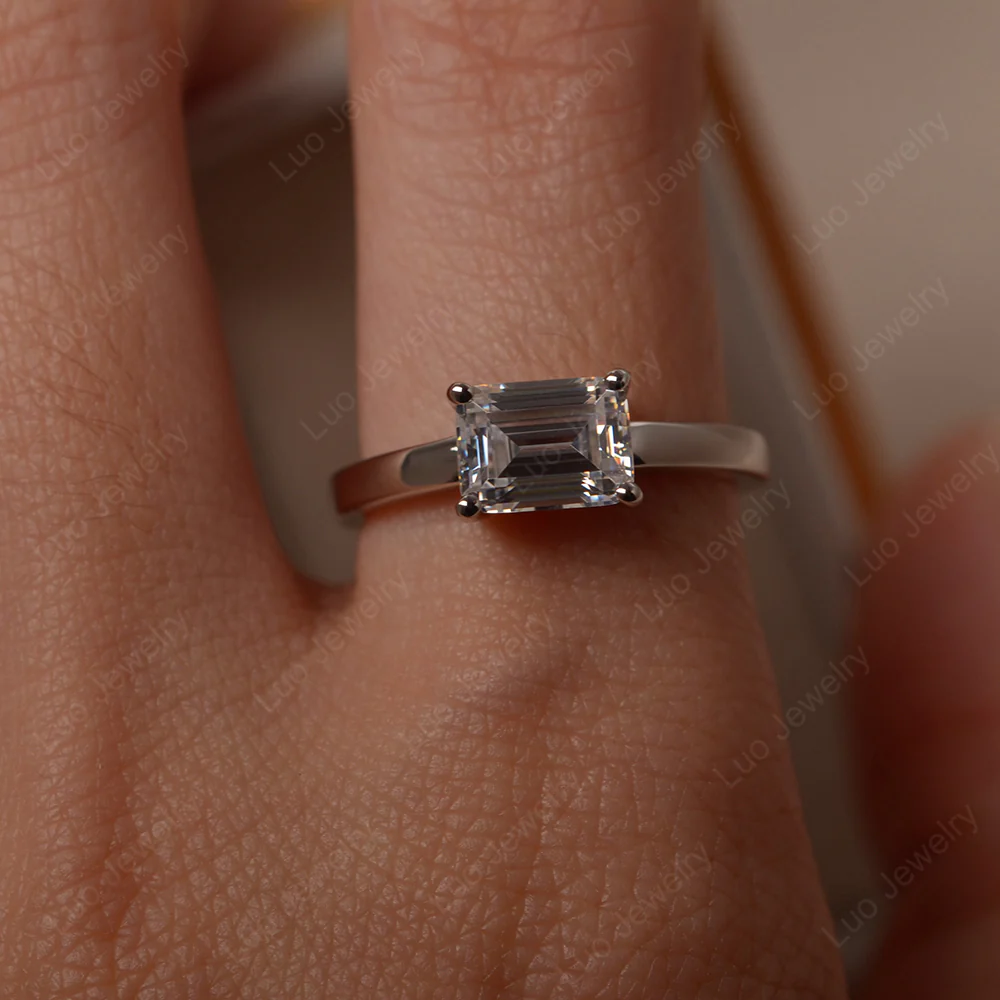 Horizontal Emerald Cut Cubic Zirconia Solitaire Ring - Image 6