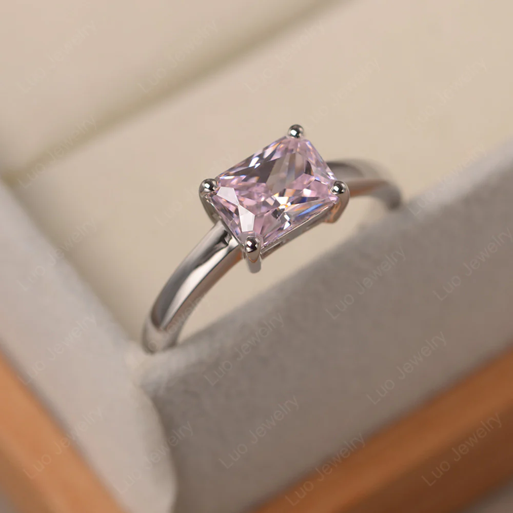 Horizontal Emerald Cut Pink Cubic Zirconia Solitaire Ring - Image 2