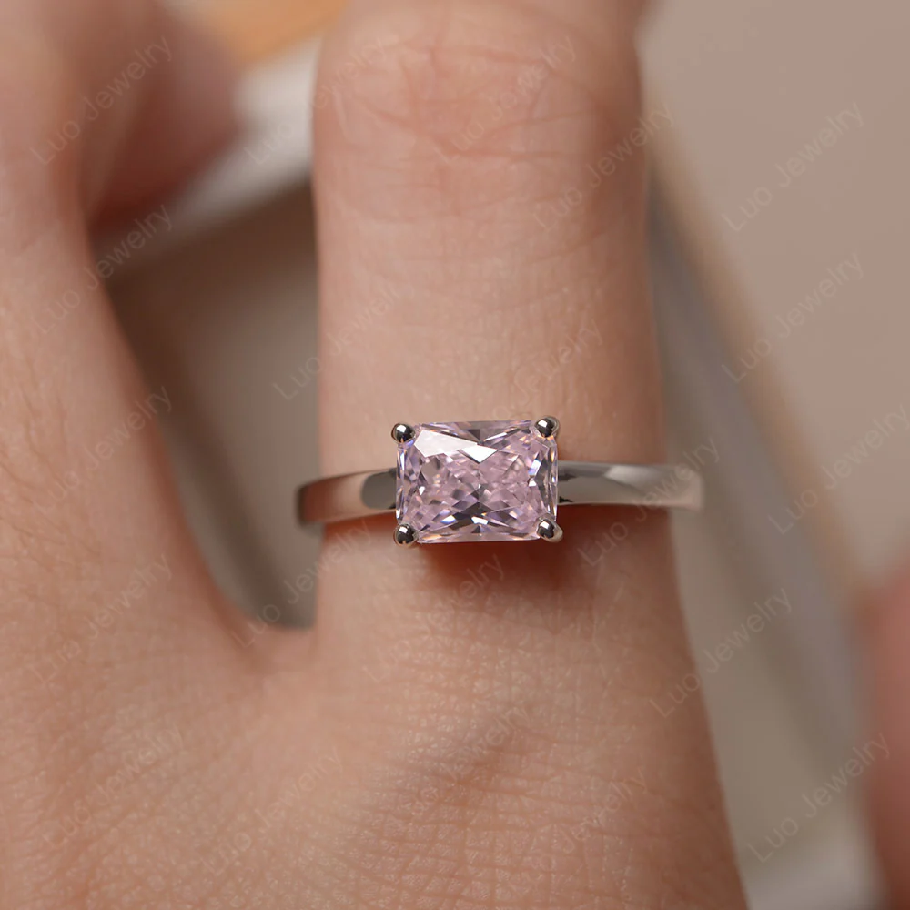 Horizontal Emerald Cut Pink Cubic Zirconia Solitaire Ring - Image 5