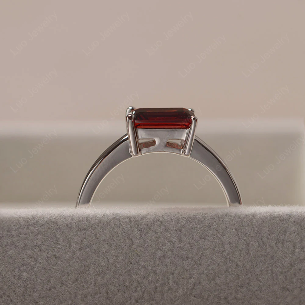 Horizontal Emerald Cut Garnet Solitaire Ring - Image 5